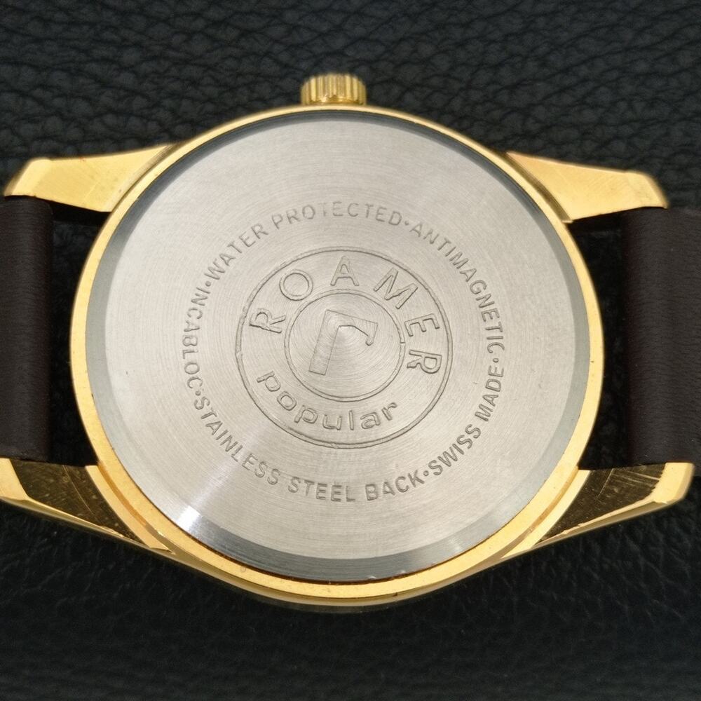 Vintage 1973 Roamer Manual Mens Gold Watch W/Leather Strap & Red accents - Picture 8 of 9